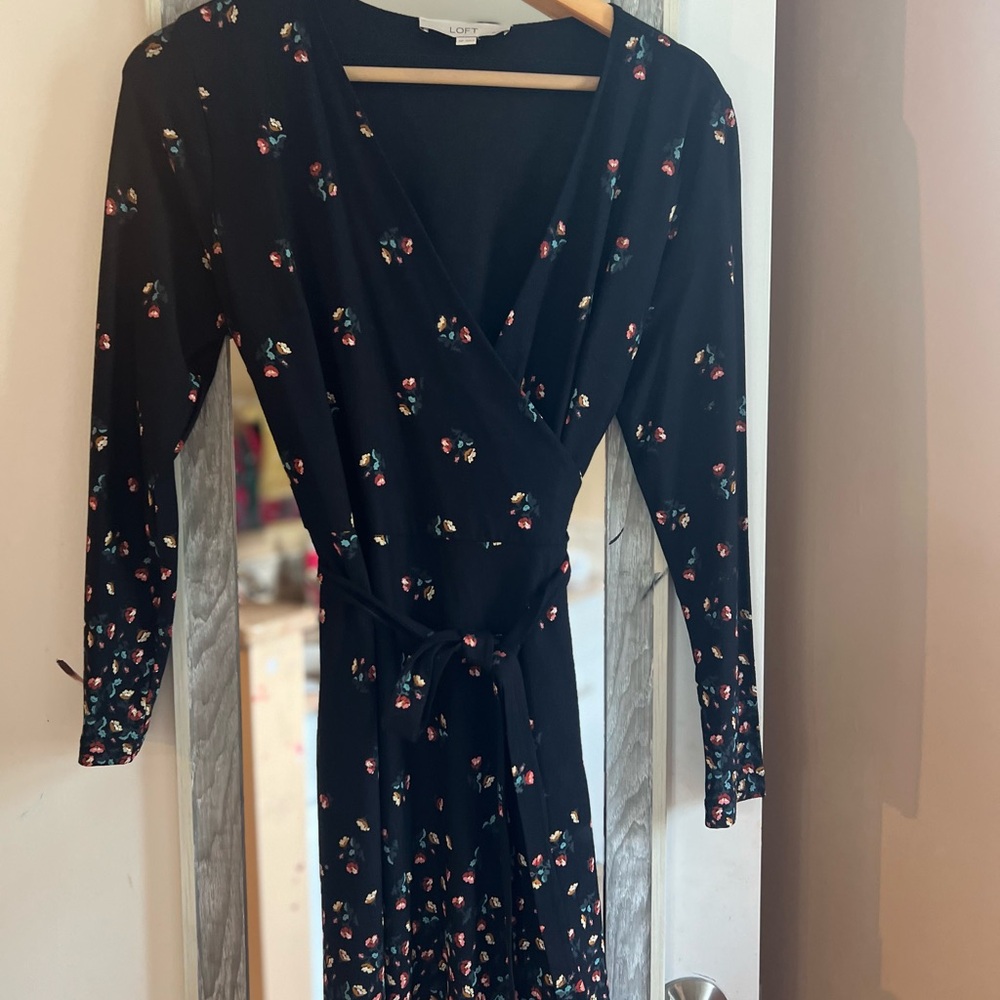 LOFT Blue Floral Long Sleeve Wrap Dress